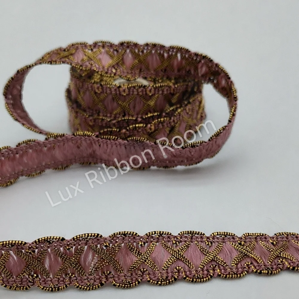 Vintage 1940s French Pink Gold Metallic Silk Jacquard Ribbon Couture TWO YARDS - Picture 1 of 6